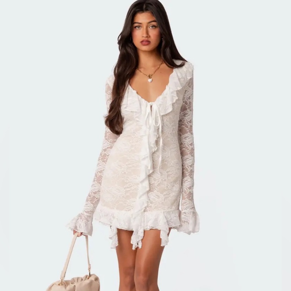NWOT Edikted Josephine White Lace Long Sleeve Tie Front Mini Dress Small